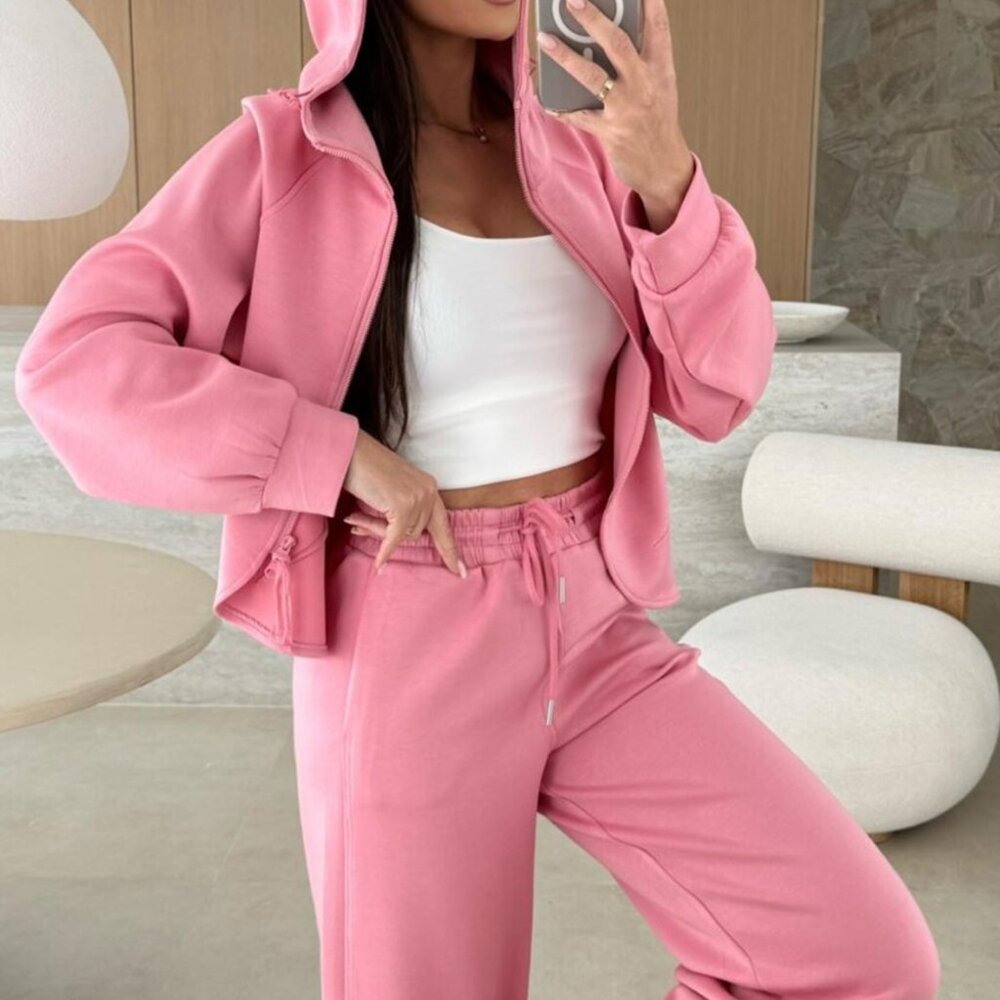 B314 Pink Solid Zip Up Hoodie and Drawstring Loose Pants Set - Picture 2 of 8